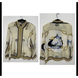 VTG 90s Aluna 100% Silk Barroco Blouse Beige Nautical Print Ship Size 10 Beige
